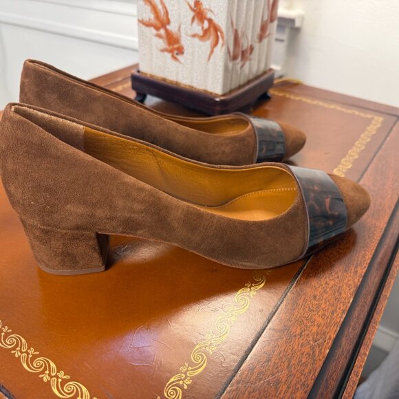 J.McLaughlin Suede Block Heel Pumps — Brown with Tortoise Trim - Size 9 - Picture 3 of 5